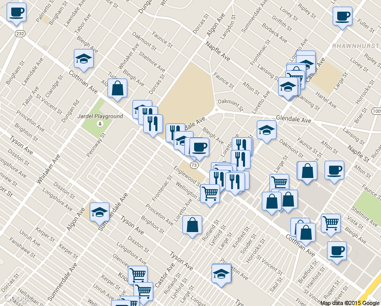 map of restaurants, bars, coffee shops, grocery stores, and more near 1817 Cottman Avenue in Philadelphia