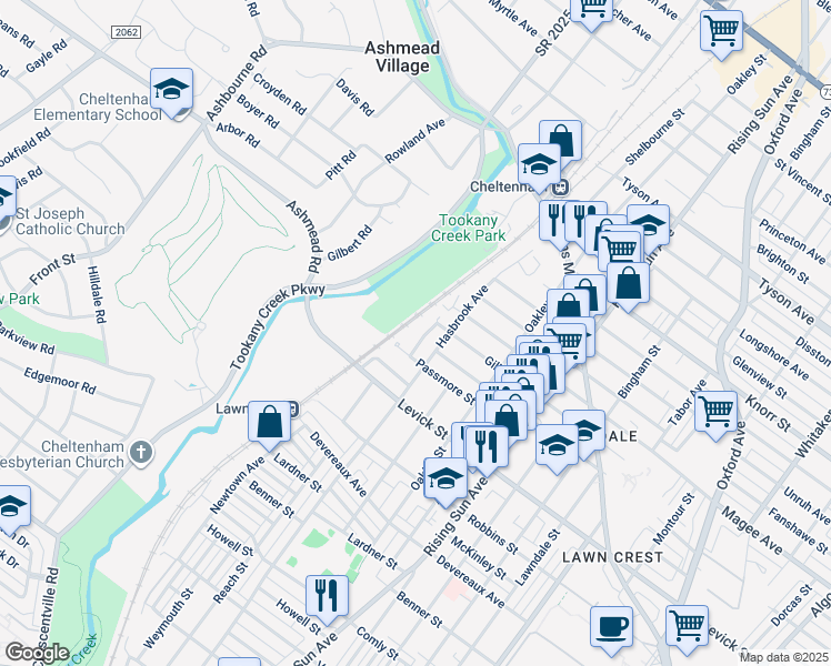 map of restaurants, bars, coffee shops, grocery stores, and more near 6440 Newtown Avenue in Philadelphia