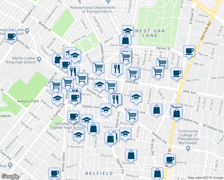 map of restaurants, bars, coffee shops, grocery stores, and more near 6441 North 20th Street in Philadelphia