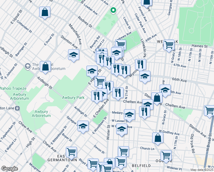 map of restaurants, bars, coffee shops, grocery stores, and more near 6425 Wister Street in Philadelphia