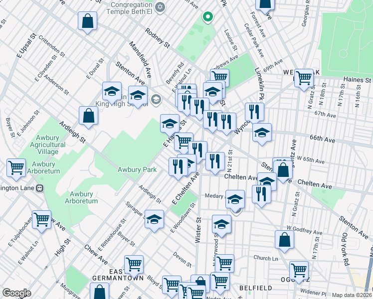 map of restaurants, bars, coffee shops, grocery stores, and more near 5738 Crittenden Street in Philadelphia