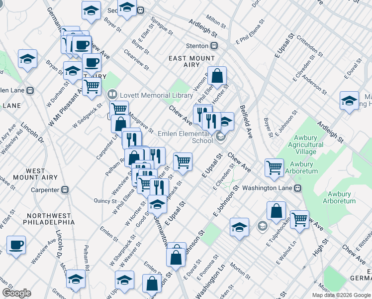 map of restaurants, bars, coffee shops, grocery stores, and more near 6634 Musgrave Street in Philadelphia
