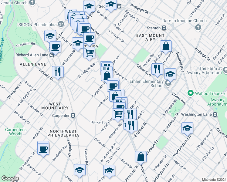 map of restaurants, bars, coffee shops, grocery stores, and more near 6745 Germantown Avenue in Philadelphia