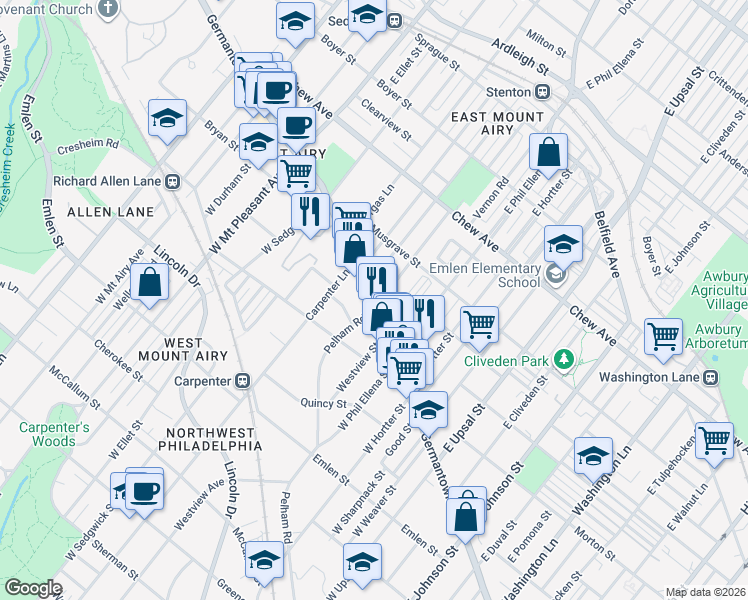 map of restaurants, bars, coffee shops, grocery stores, and more near 6745 Germantown Avenue in Philadelphia
