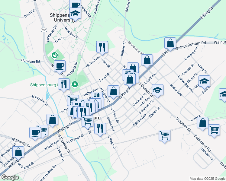 map of restaurants, bars, coffee shops, grocery stores, and more near 21 North Prince Street in Shippensburg