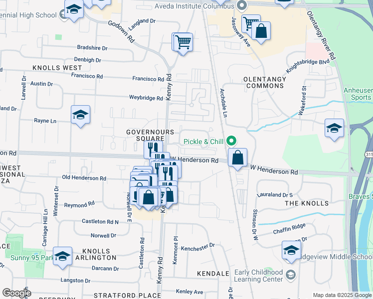 map of restaurants, bars, coffee shops, grocery stores, and more near 1172 Benchmark Park Drive in Columbus
