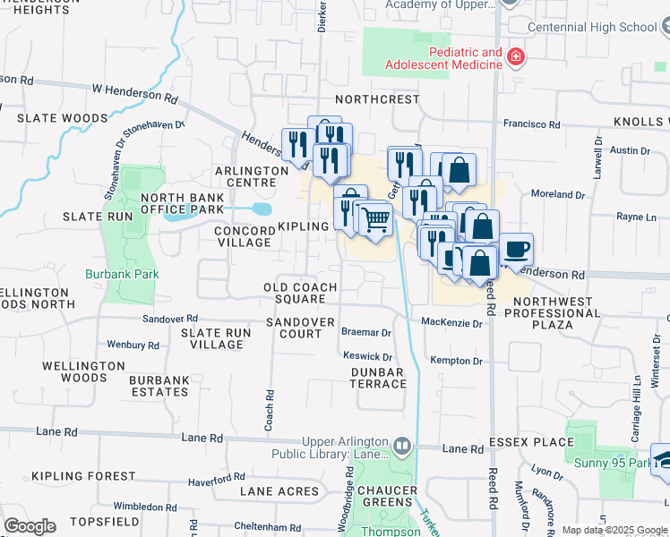 map of restaurants, bars, coffee shops, grocery stores, and more near 4751 Nugent Drive in Upper Arlington