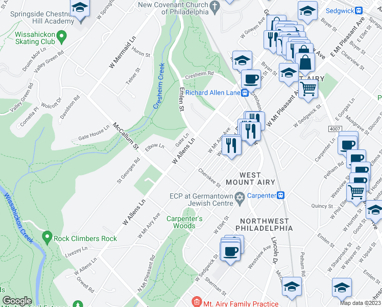 map of restaurants, bars, coffee shops, grocery stores, and more near 434 West Allens Lane in Philadelphia