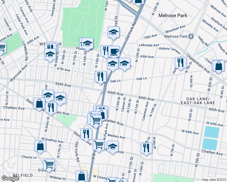 map of restaurants, bars, coffee shops, grocery stores, and more near 6526 North 13th Street in Philadelphia