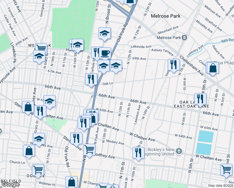 map of restaurants, bars, coffee shops, grocery stores, and more near 6544 North 12th Street in Philadelphia
