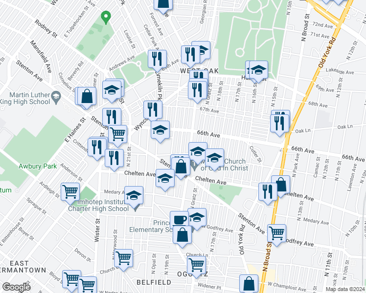 map of restaurants, bars, coffee shops, grocery stores, and more near 6517 North Uber Street in Philadelphia