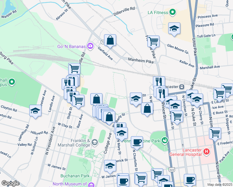 map of restaurants, bars, coffee shops, grocery stores, and more near 401 West Liberty Street in Lancaster