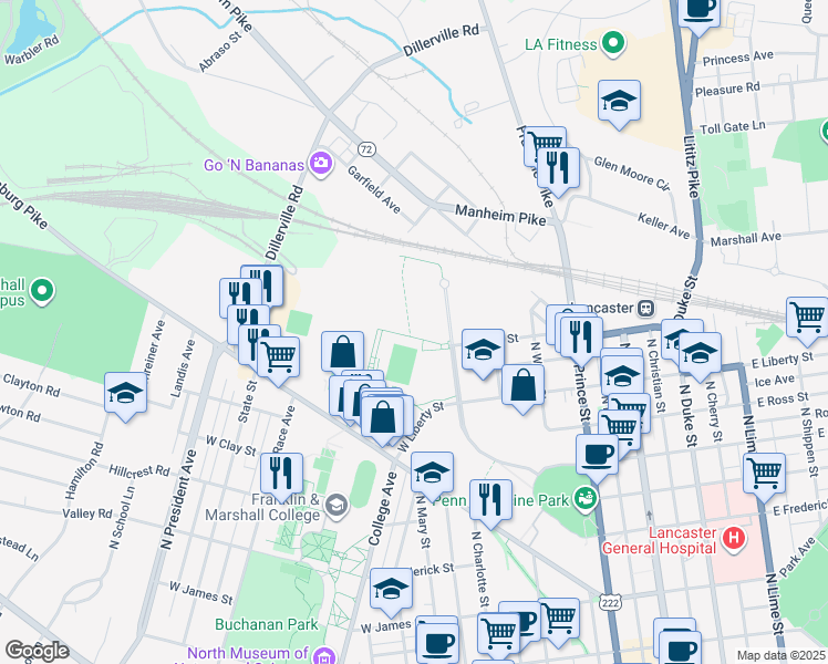 map of restaurants, bars, coffee shops, grocery stores, and more near 401 West Liberty Street in Lancaster