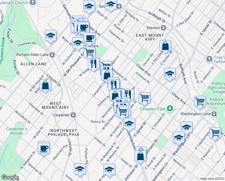 map of restaurants, bars, coffee shops, grocery stores, and more near 6745 Germantown Avenue in Philadelphia