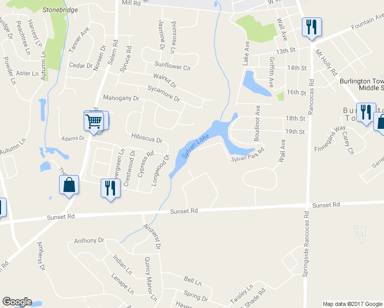map of restaurants, bars, coffee shops, grocery stores, and more near 2031 Sylvan Park Road in Burlington