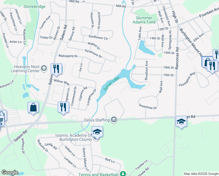 map of restaurants, bars, coffee shops, grocery stores, and more near 4 Compton Lane in Burlington