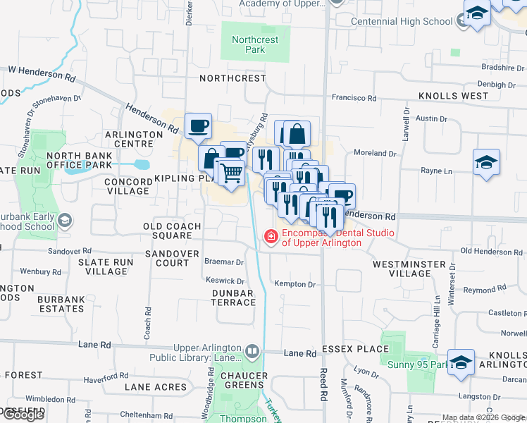 map of restaurants, bars, coffee shops, grocery stores, and more near 4742 Merrifield Place in Upper Arlington
