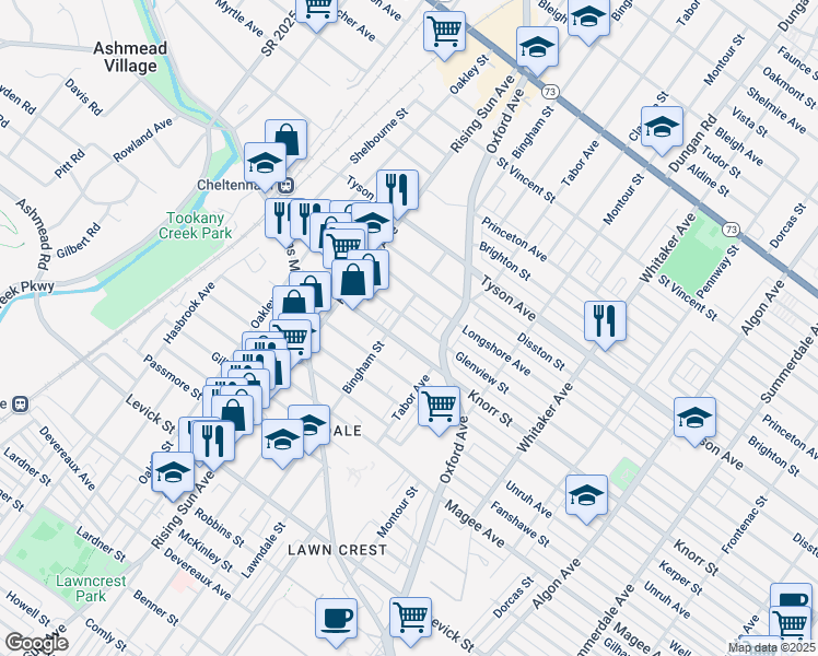 map of restaurants, bars, coffee shops, grocery stores, and more near 610 Glenview Street in Philadelphia