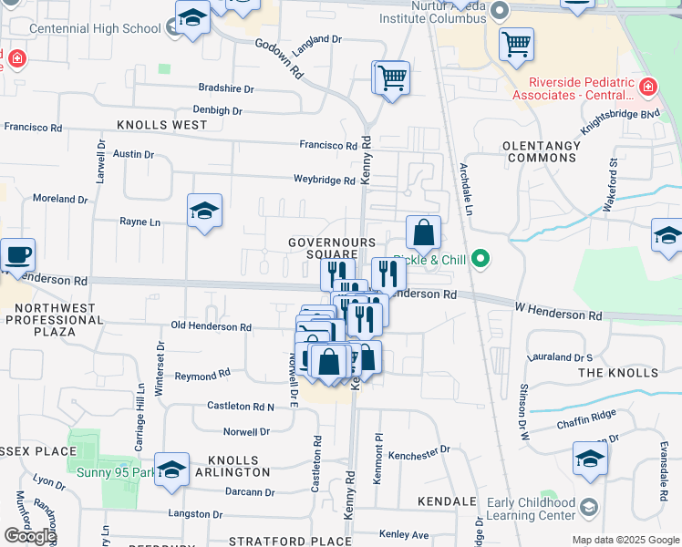 map of restaurants, bars, coffee shops, grocery stores, and more near 4545 Kenny Road in Columbus