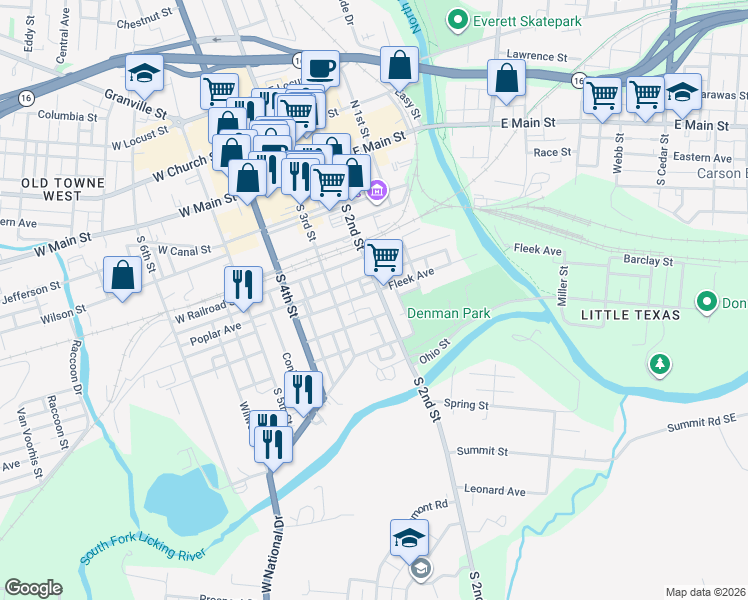 map of restaurants, bars, coffee shops, grocery stores, and more near 16 East Holliday Street in Newark