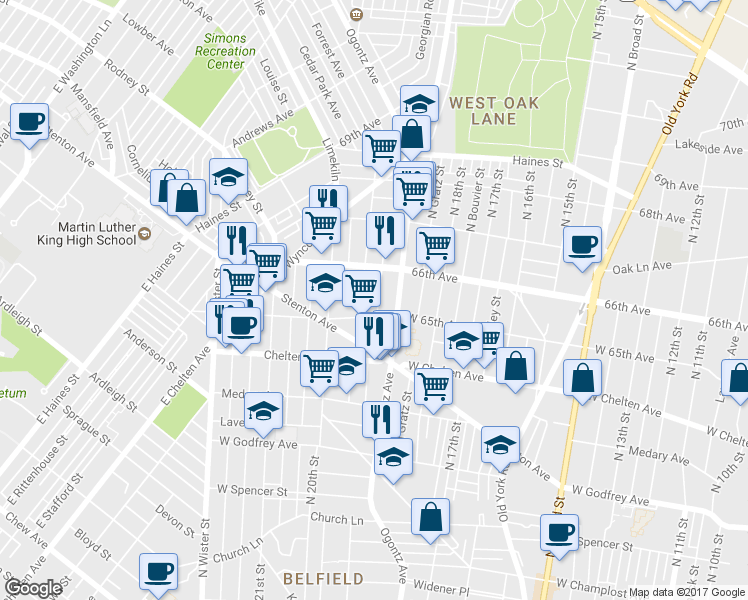 map of restaurants, bars, coffee shops, grocery stores, and more near 6518 North Uber Street in Philadelphia
