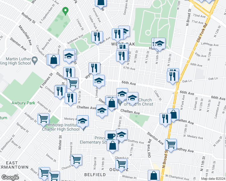 map of restaurants, bars, coffee shops, grocery stores, and more near 6517 North Uber Street in Philadelphia
