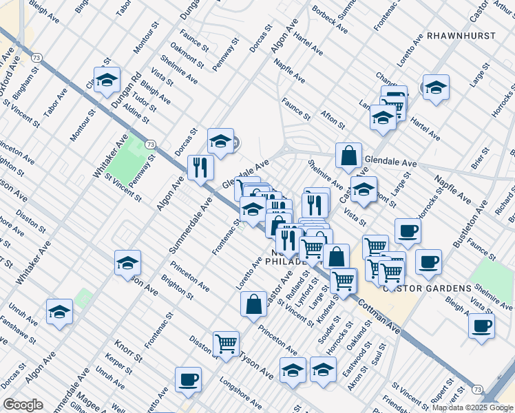 map of restaurants, bars, coffee shops, grocery stores, and more near 7312 Shisler Street in Philadelphia