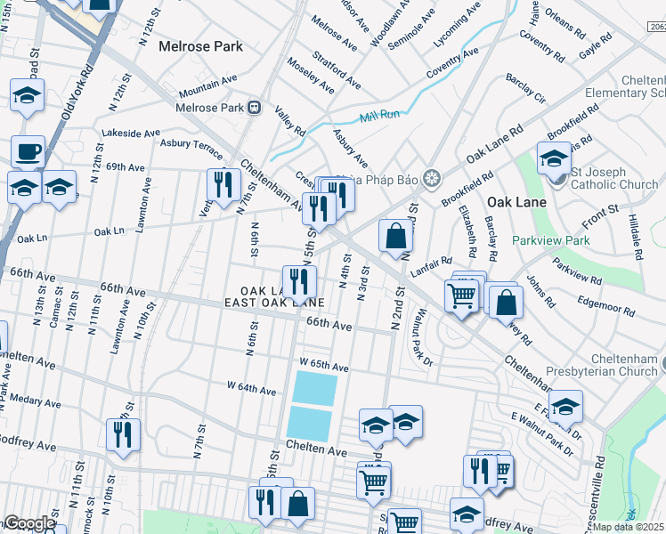 map of restaurants, bars, coffee shops, grocery stores, and more near 6719 North Lawrence Street in Philadelphia