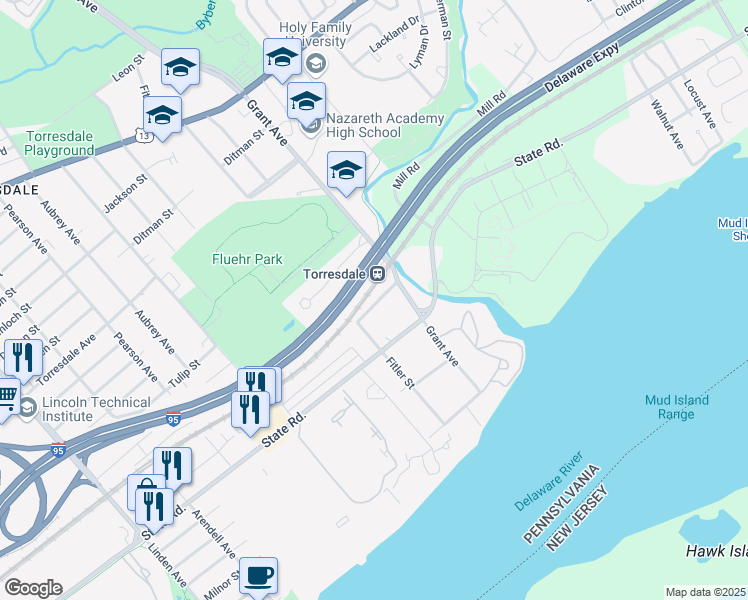map of restaurants, bars, coffee shops, grocery stores, and more near 9569 James Street in Philadelphia