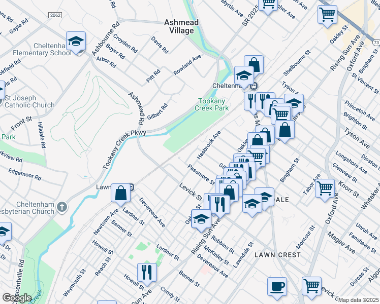 map of restaurants, bars, coffee shops, grocery stores, and more near 6442 Newtown Avenue in Philadelphia