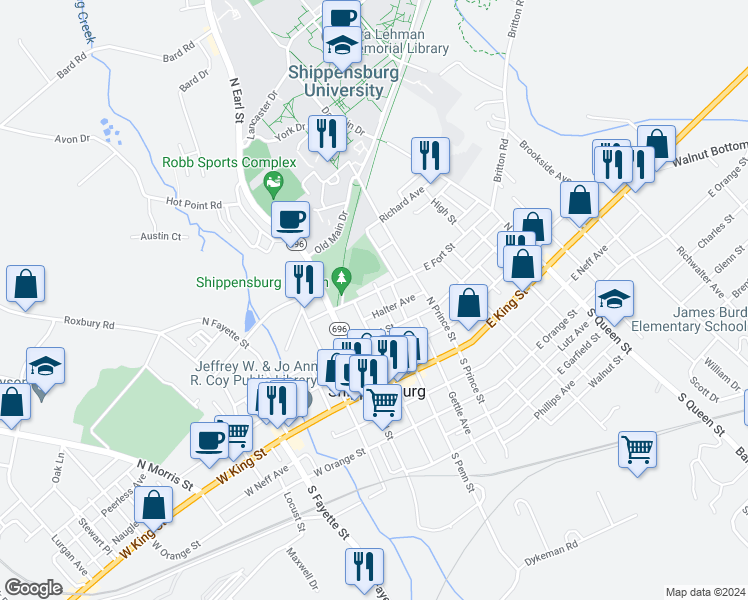 map of restaurants, bars, coffee shops, grocery stores, and more near 124 North Penn Street in Shippensburg