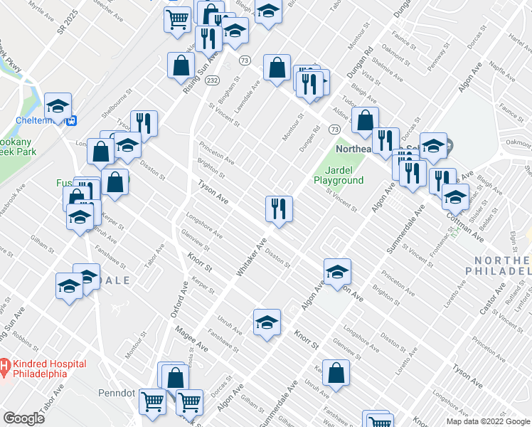map of restaurants, bars, coffee shops, grocery stores, and more near 836 Brighton Street in Philadelphia