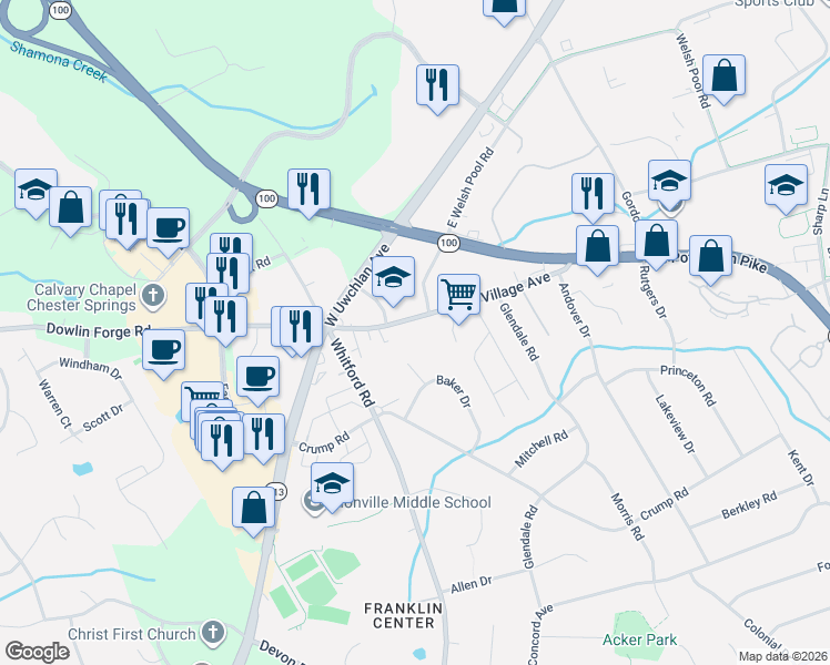 map of restaurants, bars, coffee shops, grocery stores, and more near 115 Baker Circle in Exton