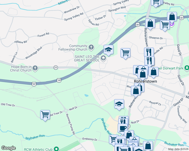 map of restaurants, bars, coffee shops, grocery stores, and more near 103 Hidden Oak Circle in Lancaster