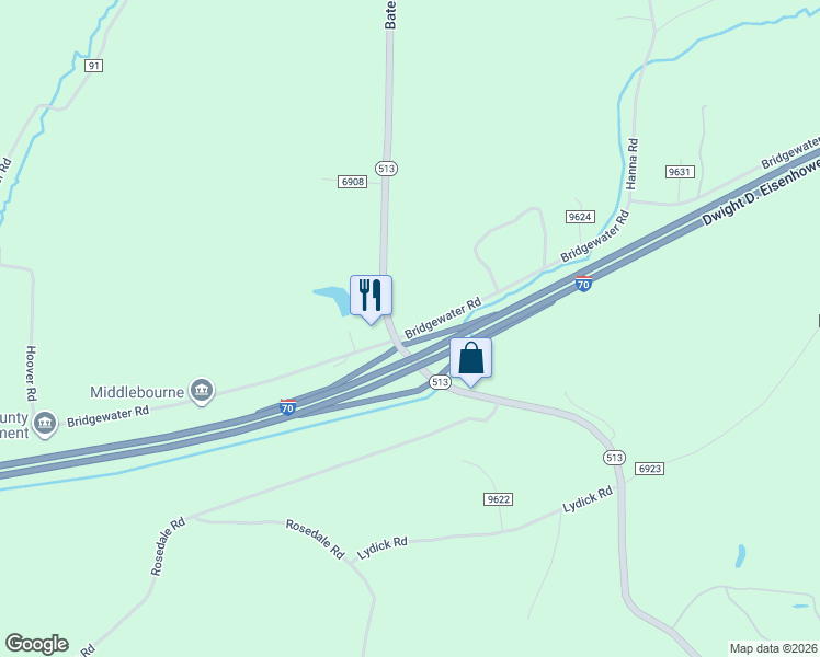 map of restaurants, bars, coffee shops, grocery stores, and more near 22071 Bridgewater Road in Quaker City