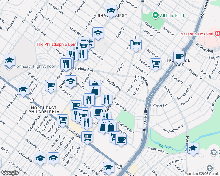 map of restaurants, bars, coffee shops, grocery stores, and more near 2233 Faunce Street in Philadelphia