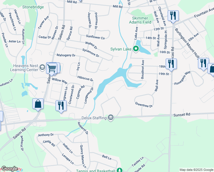 map of restaurants, bars, coffee shops, grocery stores, and more near 2031 Sylvan Park Road in Burlington