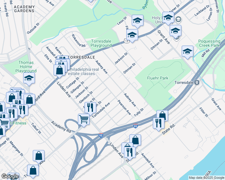 map of restaurants, bars, coffee shops, grocery stores, and more near 4615 Pearson Avenue in Philadelphia