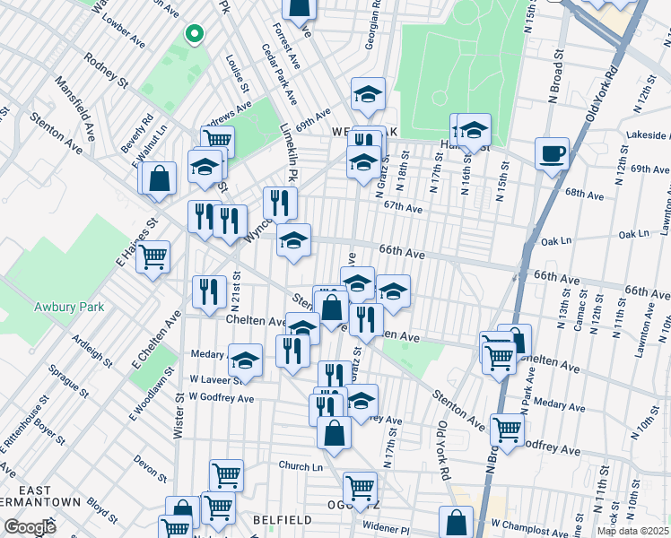 map of restaurants, bars, coffee shops, grocery stores, and more near 6519 North Uber Street in Philadelphia