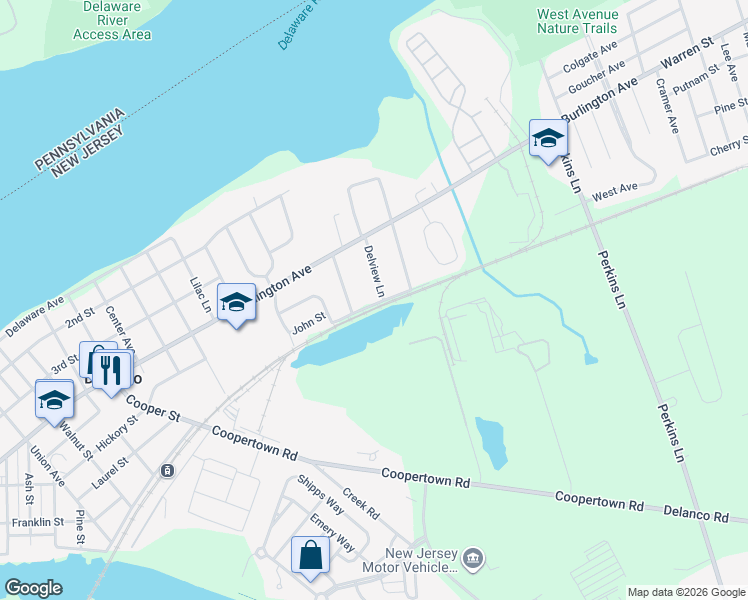 map of restaurants, bars, coffee shops, grocery stores, and more near 1900 Pennsylvania Avenue in Delanco