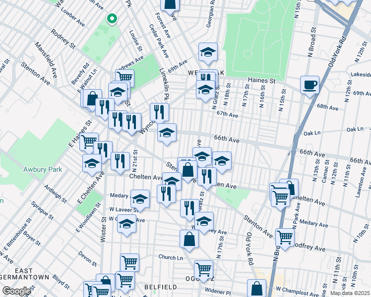map of restaurants, bars, coffee shops, grocery stores, and more near 6520 North Uber Street in Philadelphia