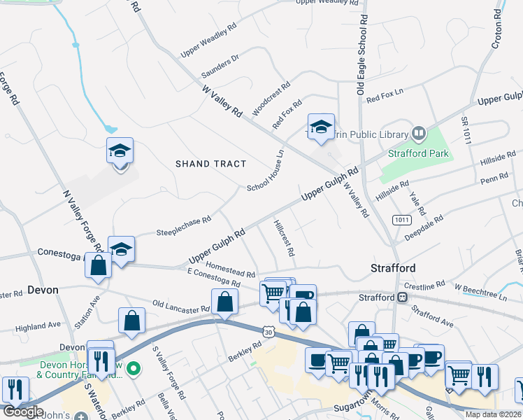 map of restaurants, bars, coffee shops, grocery stores, and more near 274 Upper Gulph Road in Strafford