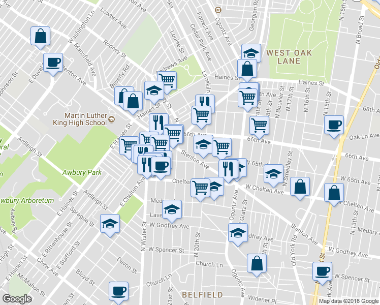 map of restaurants, bars, coffee shops, grocery stores, and more near 6519 North Lambert Street in Philadelphia