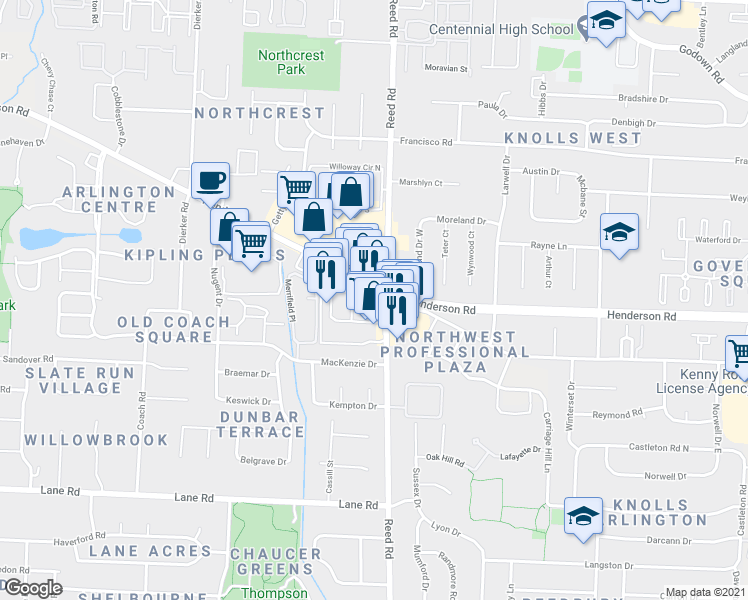 map of restaurants, bars, coffee shops, grocery stores, and more near 1801 West Henderson Road in Upper Arlington