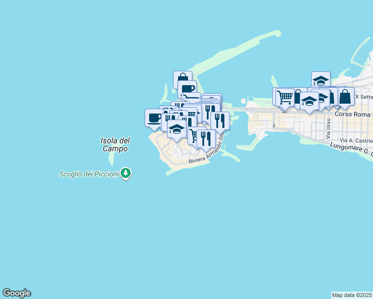 map of restaurants, bars, coffee shops, grocery stores, and more near 45 Riviera Armando Diaz in Gallipoli