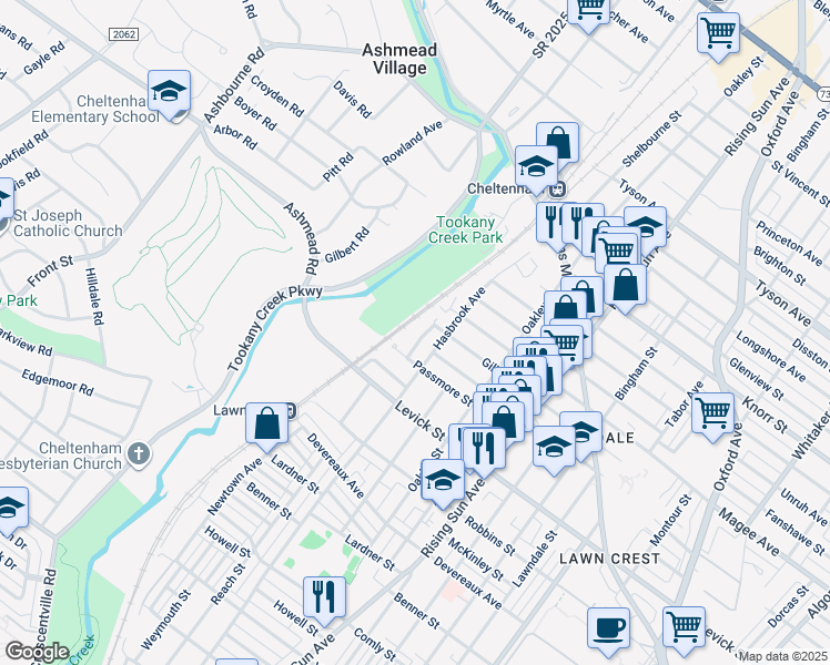 map of restaurants, bars, coffee shops, grocery stores, and more near 6442 Newtown Avenue in Philadelphia