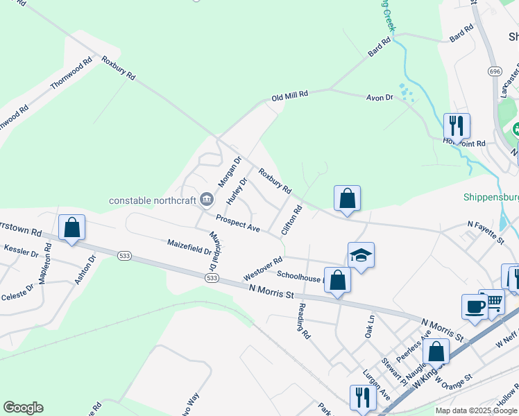 map of restaurants, bars, coffee shops, grocery stores, and more near 645 Prospect Avenue in Shippensburg