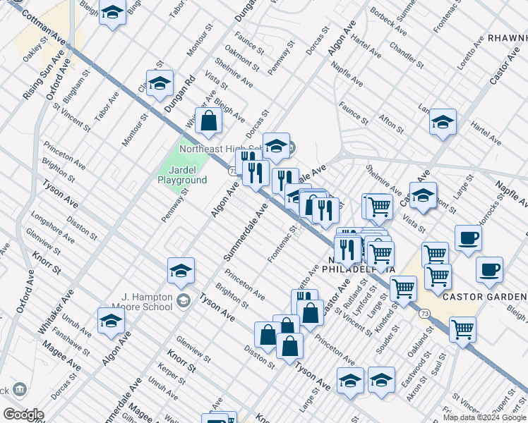 map of restaurants, bars, coffee shops, grocery stores, and more near 1201 Englewood Street in Philadelphia