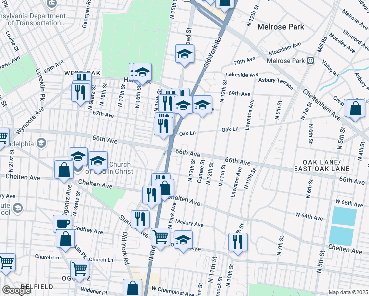 map of restaurants, bars, coffee shops, grocery stores, and more near 1325 66th Avenue in Philadelphia