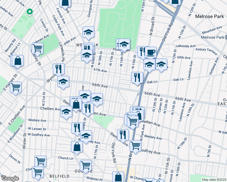 map of restaurants, bars, coffee shops, grocery stores, and more near 6547 North Smedley Street in Philadelphia